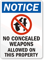 No Concealed Weapons Notice Sign